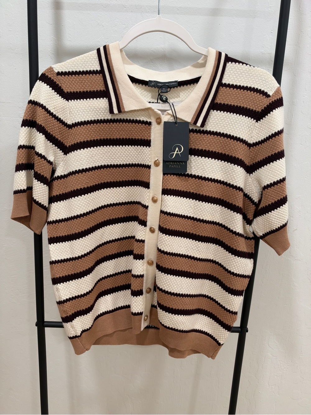 Adrianna Papell Striped Polo Cardigan - Cream, Brown & Dark Brown